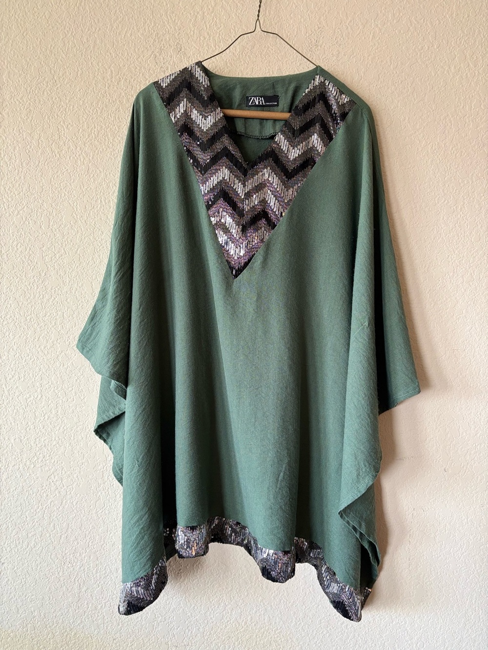 Zara Collection Sequin Chevron Caftan Tunic Poncho‎ Sage Green Oversized